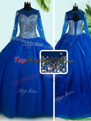 Scoop Royal Blue Lace Up Quinceanera Gowns Beading Long Sleeves With Brush Train