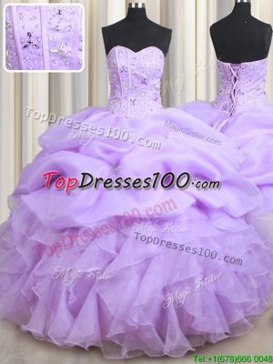 Lavender Sweetheart Lace Up Beading and Ruffles and Pick Ups Sweet 16 Dresses Sleeveless