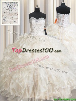 Sleeveless Floor Length Beading and Lace and Ruffles Lace Up Ball Gown Prom Dress with Champagne