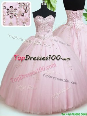 Sexy Rose Pink Sleeveless Floor Length Beading and Ruffles and Pick Ups Lace Up Vestidos de Quinceanera
