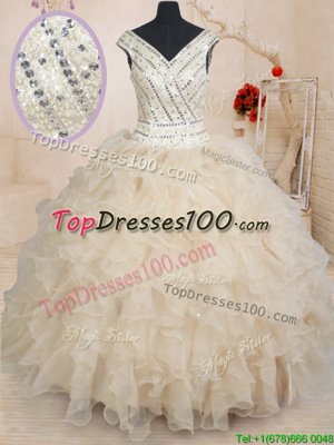 Cap Sleeves Beading and Ruffles and Sequins Zipper Sweet 16 Dress