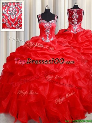 Hot Sale Floor Length Red Quinceanera Gowns Straps Sleeveless Zipper