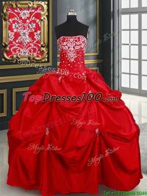 Latest Strapless Sleeveless Quince Ball Gowns Floor Length Beading and Pick Ups Red Taffeta