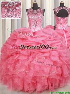 Scoop Pick Ups Watermelon Red Sleeveless Organza Lace Up 15th Birthday Dress for Military Ball and Sweet 16 and Quinceanera