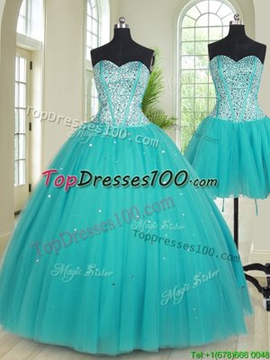 Three Piece Sleeveless Tulle Floor Length Lace Up Sweet 16 Dress in Aqua Blue for with Beading
