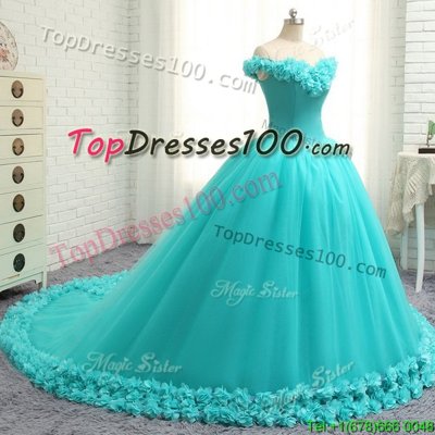 Off the Shoulder Aqua Blue Cap Sleeves Tulle Court Train Lace Up Sweet 16 Dresses for Military Ball and Sweet 16 and Quinceanera