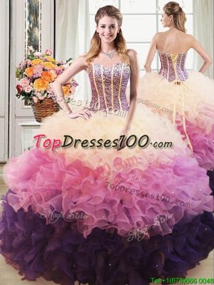 Elegant Organza Sweetheart Sleeveless Lace Up Beading and Ruffles Sweet 16 Quinceanera Dress in Multi-color