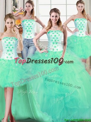 Four Piece Turquoise Lace Up Strapless Beading and Appliques and Ruffles Quince Ball Gowns Tulle Sleeveless