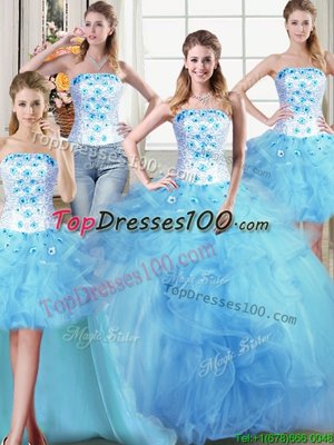 Eye-catching Four Piece Light Blue Ball Gowns Strapless Sleeveless Tulle Floor Length Lace Up Beading and Appliques and Ruffles 15th Birthday Dress