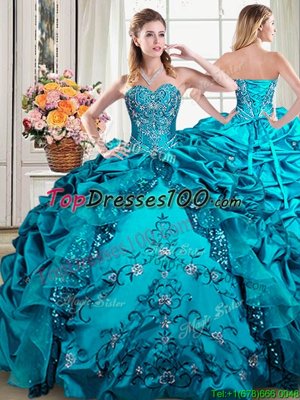 Superior Sleeveless Floor Length Beading and Embroidery and Pick Ups Lace Up 15 Quinceanera Dress with Teal
