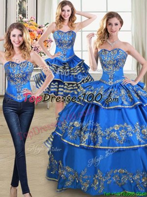 Three Piece Sleeveless Floor Length Beading and Embroidery and Ruffled Layers Lace Up 15th Birthday Dress with Blue