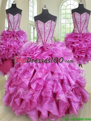 Spectacular Four Piece Sleeveless Organza Floor Length Lace Up Quinceanera Gown in Fuchsia for with Beading and Ruffles