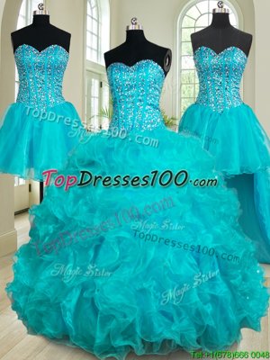 Vintage Four Piece Teal Sleeveless Floor Length Beading and Ruffles Lace Up Quinceanera Gowns