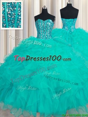 Chic Four Piece Straps Straps Beading and Ruffles 15th Birthday Dress Baby Blue Lace Up Sleeveless Floor Length