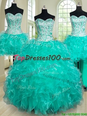 Attractive Four Piece Sleeveless Floor Length Beading and Ruffles Lace Up 15th Birthday Dress with Turquoise
