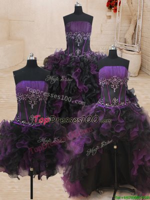 Four Piece Ball Gowns Quince Ball Gowns Black and Purple Strapless Organza Sleeveless Floor Length Lace Up