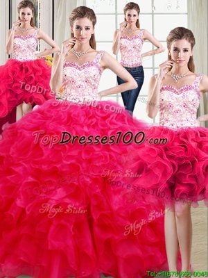 Vintage Four Piece Straps Straps Hot Pink Organza Lace Up Quinceanera Dresses Sleeveless Floor Length Beading and Ruffles