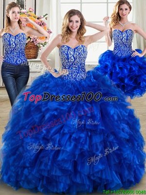 Three Piece Sweetheart Sleeveless Brush Train Lace Up Sweet 16 Quinceanera Dress Royal Blue Organza