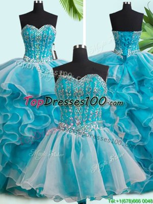 Three Piece Sleeveless Organza Brush Train Lace Up Sweet 16 Dress in White for with Beading and Ruffles