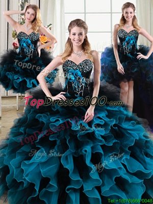 Four Piece Floor Length Lace Up Quinceanera Dress Black and Blue and In for Military Ball and Sweet 16 and Quinceanera with Beading and Ruffles and Hand Made Flower