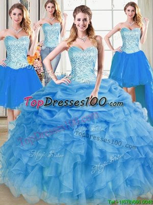 Four Piece Sleeveless Organza Floor Length Lace Up Quince Ball Gowns in Blue for with Beading and Ruffles and Pick Ups