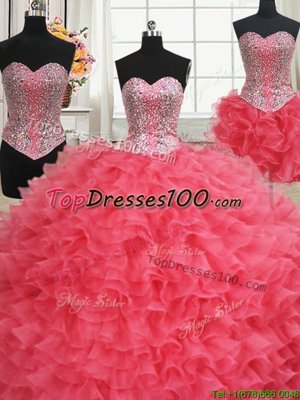 Three Piece Floor Length Coral Red Sweet 16 Dress Organza Sleeveless Beading and Ruffles