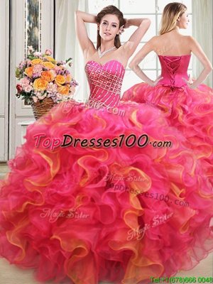Shining Organza Sleeveless Floor Length 15th Birthday Dress and Beading and Ruffles