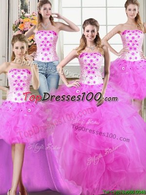 Dynamic Four Piece Sleeveless Floor Length Beading and Appliques and Ruffles Lace Up 15th Birthday Dress with Fuchsia