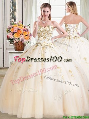 Comfortable Tulle Sweetheart Sleeveless Lace Up Beading Sweet 16 Quinceanera Dress in Champagne