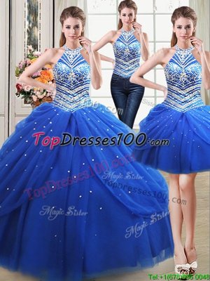 Three Piece Pick Ups Floor Length Royal Blue Ball Gown Prom Dress Halter Top Sleeveless Lace Up