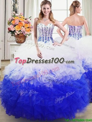 Blue And White Lace Up Sweetheart Beading and Ruffles Ball Gown Prom Dress Organza Sleeveless
