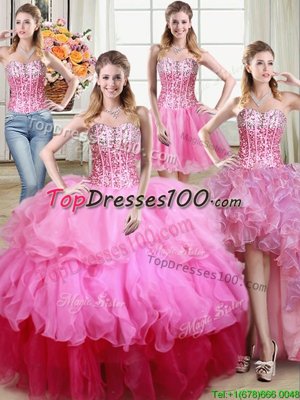 Four Piece Multi-color Ball Gowns Sweetheart Sleeveless Organza Floor Length Lace Up Ruffles and Sequins Quince Ball Gowns