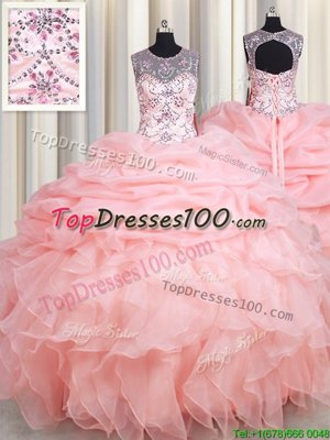 Baby Pink Scoop Lace Up Beading and Ruffles and Pick Ups Quinceanera Gown Sleeveless