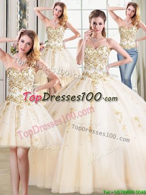 Four Piece Champagne Sweetheart Neckline Beading 15th Birthday Dress Sleeveless Lace Up