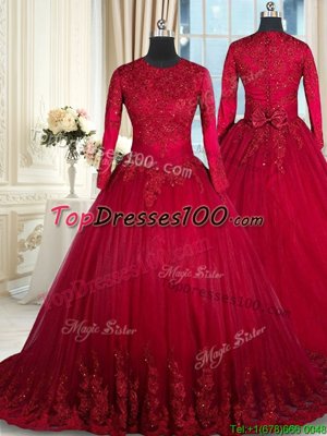 Pretty Tulle Scoop Long Sleeves Clasp Handle Beading and Lace and Bowknot Quinceanera Gown in Wine Red