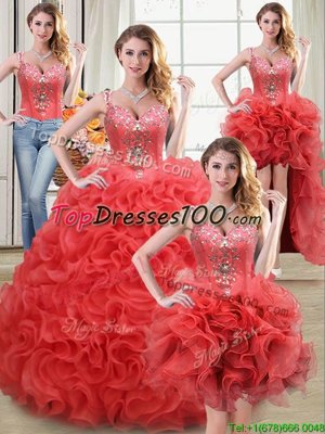 High Quality Four Piece Straps Straps Sleeveless Floor Length Beading and Ruffles Zipper Sweet 16 Dresses with Coral Red