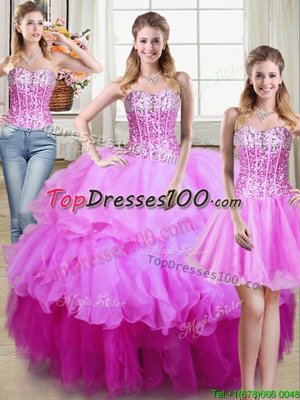 Three Piece Sleeveless Organza Floor Length Lace Up 15th Birthday Dress in Multi-color for with Ruffles and Sequins