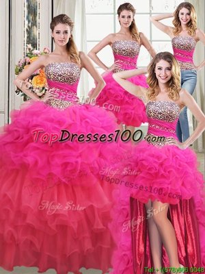 Modest Four Piece Sequins Ruffled Floor Length Multi-color 15th Birthday Dress Strapless Sleeveless Lace Up