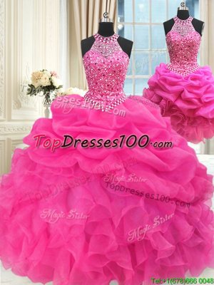 Three Piece Halter Top Hot Pink Sleeveless Floor Length Beading and Ruffles and Pick Ups Lace Up Vestidos de Quinceanera