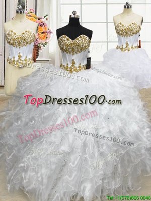 Three Piece White Ball Gowns Organza Sweetheart Sleeveless Beading and Ruffled Layers Floor Length Lace Up Quince Ball Gowns