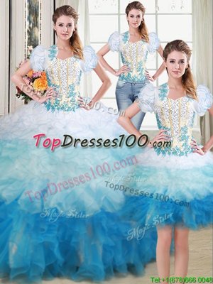 Three Piece Multi-color Ball Gowns Sweetheart Sleeveless Organza Floor Length Lace Up Beading and Appliques Ball Gown Prom Dress