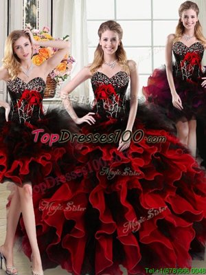 Four Piece Floor Length Ball Gowns Sleeveless Black and Red Quinceanera Dress Lace Up