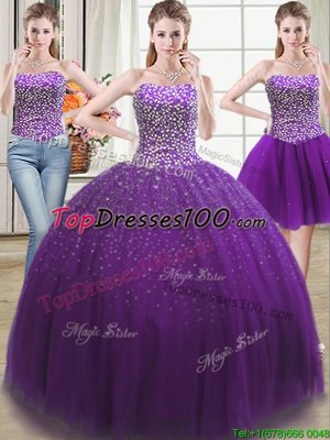 Three Piece Sweetheart Sleeveless Lace Up Sweet 16 Quinceanera Dress Purple Tulle