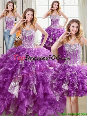 Four Piece Sleeveless Organza Floor Length Lace Up Sweet 16 Dresses in Purple for with Beading and Ruffles and Sequins