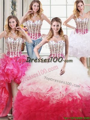 Beautiful Four Piece Turquoise Organza Lace Up Sweet 16 Dress Sleeveless Floor Length Beading and Ruffles and Sequins