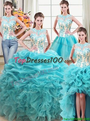 Four Piece Scoop Sleeveless Organza Floor Length Lace Up Quinceanera Dresses in Aqua Blue for with Beading and Ruffles