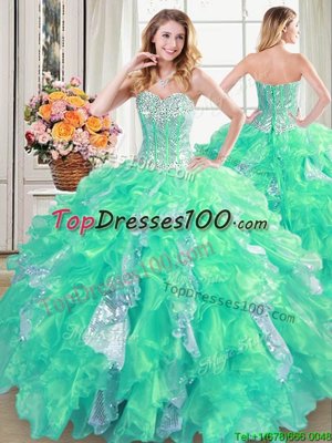 Sequins Floor Length Ball Gowns Sleeveless Turquoise Ball Gown Prom Dress Lace Up