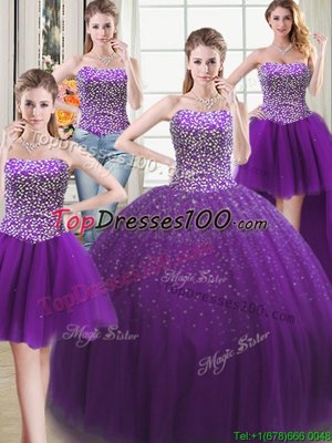 Four Piece Floor Length Lace Up Ball Gown Prom Dress Purple and In for Military Ball and Sweet 16 and Quinceanera with Beading