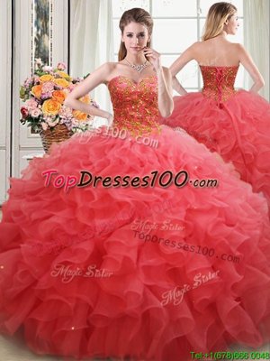 Suitable Coral Red Sweet 16 Quinceanera Dress Military Ball and Sweet 16 and Quinceanera and For with Beading and Ruffles Sweetheart Sleeveless Lace Up
