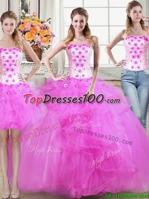 Three Piece Mermaid Fuchsia Vestidos de Quinceanera Military Ball and Sweet 16 and Quinceanera and For with Beading and Appliques and Ruffles Strapless Sleeveless Lace Up